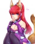  animal_ears bare_shoulders blue_eyes blush breasts closed_mouth criss-cross_halter eyebrows_visible_through_hair fox_ears fox_tail halterneck heart kamemura_koryu/yukina knees_together_feet_apart light_smile long_hair medium_breasts number ponytail red_hair rin_(show_by_rock!!) show_by_rock!! simple_background sitting solo steepled_fingers tail whisker_markings white_background 
