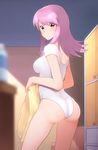  ass blurry blush bottle breasts brown_eyes cabinet closed_mouth cowboy_shot depth_of_field eyebrows_visible_through_hair flipped_hair from_side gymnast_leotard hechi_(hechi322) holding holding_towel indoors kaleido_star leotard long_hair looking_at_viewer looking_back medium_breasts naegino_sora pink_hair solo standing sweatdrop towel white_leotard 