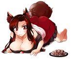  all_fours animal_ears bare_shoulders barefoot blouse blush breasts brown_hair cleavage food full_body imaizumi_kagerou large_breasts long_hair off_shoulder red_eyes red_skirt revision saliva sanagi_(diohazard) simple_background skirt solo steak sweat tail touhou white_background white_blouse wolf_ears wolf_tail 