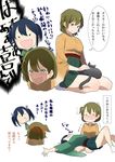  &gt;_&lt; :d animal bad_id bad_twitter_id banned_artist black_cat blue_hair blush brown_hair cat check_translation closed_eyes commentary hair_ribbon hakama_skirt hiryuu_(kantai_collection) japanese_clothes kantai_collection kimono multiple_girls one_side_up open_mouth partially_translated pleated_skirt ribbon seiza short_hair side_ponytail simple_background sitting skirt smile socks souryuu_(kantai_collection) tachikoma_(mousou_teikoku) translation_request trembling twintails white_background white_legwear white_ribbon 