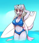  2017 anthro beach black_tooths breasts chapaevv clothing cloud crossgender demon digital_media_(artwork) equine female fun_character hair hi_res horn horse mammal open_mouth outside seaside simple_background sky smile solo surfboard 
