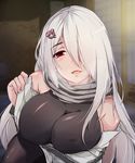  bare_shoulders bear_hair_ornament blush breast_hold breasts cleavage covered_nipples eyebrows eyebrows_visible_through_hair girls_frontline hair_ornament hair_over_one_eye highres large_breasts long_hair looking_at_viewer pk_(girls_frontline) pov red_eyes scarf silver_hair smile very_long_hair zuo_wei_er 