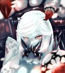  clenched_hand covered_mouth floating_fortress_(kantai_collection) glaring glowing glowing_eyes hand_up high_collar kantai_collection long_hair looking_at_viewer mechanical_parts midway_hime pale_skin red_eyes rigging shinkaisei-kan solo teeth tongue upper_body white_hair yamashita_tomu 