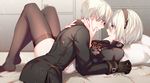  1girl aki663 bed blue_eyes blush couple feather-trimmed_sleeves gloves hetero leotard looking_at_another lying mole mole_under_mouth nier_(series) nier_automata no_blindfold no_shoes on_back short_hair thighhighs white_hair yorha_no._2_type_b yorha_no._9_type_s 