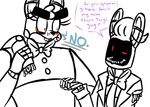  2016 animatronic anthro bow_tie buckteeth dialogue duo english_text exposed_endoskeleton five_nights_at_freddy&#039;s five_nights_at_freddy&#039;s_2 inkyfrog lagomorph machine male mammal rabbit restricted_palette robot severed_arm simple_background teeth text toy_bonnie_(fnaf) video_games white_background withered_bonnie_(fnaf) 