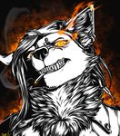  2017 abstract_background angry anthro beyle canine cigarette clothed clothing faraden female fox glowing glowing_eyes mammal piercing ratte smile solo 