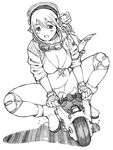  akira boots breasts cleavage front-tie_bikini front-tie_top full_body goggles goggles_around_neck ground_vehicle headphones jacket knee_pads large_breasts monochrome motor_vehicle motorcycle nitroplus on_motorcycle open_mouth riding shadow smile solo super_sonico traditional_media transparent yug 