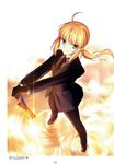  absurdres ahoge artoria_pendragon_(all) black_footwear blonde_hair excalibur fate/zero fate_(series) formal full_body green_eyes highres looking_at_viewer necktie official_art planted_sword planted_weapon ponytail saber scan shoes smile solo suit sword weapon 