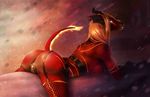  2017 anthro blonde_hair breast_squish breasts butt dragon female fishnet garter_straps hair horn looking_back markings pussy raised_tail red_skin solo viga 