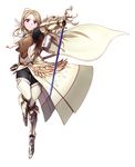 armor armored_boots black_gloves black_pants blonde_hair blue_eyes boots feathers floating_hair full_body gloves hair_feathers highres holding holding_sword holding_weapon long_hair looking_at_viewer original pants pemu simple_background solo standing sword weapon white_background white_feathers 