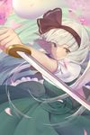  arm_up bangs black_hairband cherry_blossoms eyebrows_visible_through_hair floating_hair frilled_skirt frills from_above green_eyes green_skirt green_vest hairband highres hitodama katana konpaku_youmu konpaku_youmu_(ghost) looking_at_viewer outstretched_arm petals puffy_short_sleeves puffy_sleeves reverse_grip revision shirt short_hair short_sleeves silver_hair skirt skirt_set smile solo sword touhou vest water weapon xiao_chichi 