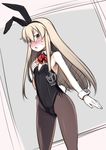  anchor animal_ears black_legwear black_leotard blonde_hair blush bow bowtie bunny_ears bunny_tail bunnysuit chestnut_mouth cowboy_shot kantai_collection leotard long_hair looking_at_viewer nakamura_kusata pantyhose red_bow red_neckwear shimakaze_(kantai_collection) solo standing strapless strapless_leotard tail wrist_cuffs yellow_eyes 