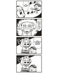  1girl 4koma :3 anger_vein bkub comic cuckoo_clock highres monochrome poptepipic popuko school_uniform serafuku sidelocks simple_background sledgehammer translated two-tone_background two_side_up 