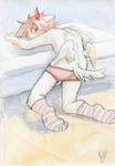  absurd_res butt clothing hi_res horn legwear male n socks solo traditional_media_(artwork) underwear watercolor_(artwork) wings 