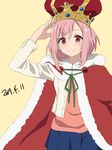  blue_skirt cape crown dated hair_ornament hairclip highres kappa_(dpqmfk13) koharu_yoshino looking_at_viewer pink_eyes pink_hair pink_shirt red_cape red_eyes sakura_quest salute shirt short_hair skirt smile solo standing yellow_background 