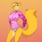  2017 anthro big_breasts blonde_hair breasts buckteeth cleavage clothed clothing female fur hair headband lipstick looking_at_viewer makeup mammal maybell one_eye_closed panties rodent smile solo squirrel stoopix sweater teeth tight_clothing underwear wink yellow_fur 