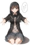  :d absurdres amagami ayatsuji_tsukasa bangs beckoning black_eyes black_hair blazer blunt_bangs blush breasts buttons eyebrows_visible_through_hair highres jacket long_hair long_sleeves looking_at_viewer medium_breasts open_mouth outstretched_arms pentagon_(railgun_ky1206) pleated_skirt school_uniform seiza simple_background sitting skirt smile solo speech_bubble translation_request white_background 