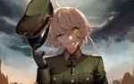  absurdres ahoge black_gloves blonde_hair blue_eyes cloud cloudy_sky commentary_request evil_grin evil_smile fangs gloves glowing glowing_eye grin hair_between_eyes hat hat_removed headwear_removed heterochromia highres holding holding_hat iron_cross long_sleeves looking_at_viewer military military_hat military_uniform ruins shiny short_hair sky smile solo tanya_degurechaff uniform upper_body y.i._(lave2217) yellow_eyes youjo_senki 