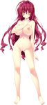  ass_visible_through_thighs barefoot blush breasts censored fang finger_to_mouth full_body highres kamitsurugi_ouka large_breasts long_hair mikogami_haruruko mosaic_censoring navel nipples nude official_art pussy red_hair royal_garden_~otome_ni_koi_suru_ouji_no_gikyoku~ smile solo transparent_background yellow_eyes 