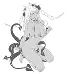  bikini bikini_bottom_removed bottomless breasts choker cleavage dark_skin demon_tail ear_piercing eyes_visible_through_hair fang freckles goshiki_suzu greyscale head_tilt horns kneeling long_hair long_horns looking_at_viewer medium_breasts monochrome multiple_tails navel nipples original piercing pointy_ears pubic_hair puffy_nipples simple_background smile smirk solo swimsuit tail teeth undressing white_background 