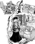  :d :o blush bow c: chinese_clothes cirno crescent dress fairy_wings fifiruu food freezer greyscale hair_bow hair_ribbon hat ice ice_wings junko_(touhou) long_hair long_sleeves monochrome multiple_girls open_mouth popsicle ribbon short_hair short_sleeves smile touhou wavy_hair wide_sleeves wings 