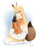  absurdres animal_ears artist_name bangs black_gloves blazer blonde_hair blush bow bowtie breasts breath brown_eyes buttons extra_ears eyebrows_visible_through_hair ezo_red_fox_(kemono_friends) fox_ears fox_girl fox_tail fur-trimmed_sleeves fur_trim gloves gradient gradient_legwear hair_between_eyes hair_flaps hands_up highres jacket kemono_friends leewh1515 long_hair long_sleeves medium_breasts miniskirt necktie no_shoes open_mouth orange_jacket orange_legwear pantyhose pleated_skirt pocket seiza sitting skirt solo steam tail thighhighs very_long_hair white_bow white_legwear white_neckwear white_skirt yellow_legwear yellow_neckwear 