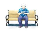  alternate_costume bench blush closed_eyes denim floral_print handheld_game_console hawaiian_shirt jeans male_focus maxiefag nintendo_3ds old_man pants pokemon shirt sitting smile solo spiked_hair stylus tsuwabuki_mukuge white_hair 