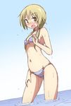  bikini blonde_hair blue_bikini blush breasts cleavage embarrassed eyebrows_visible_through_hair ichii_yui long_hair looking_at_viewer low_twintails medium_breasts mel_(melty_pot) navel open_mouth solo striped striped_bikini swimsuit twintails wet yellow_eyes yuyushiki 