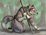  2010 canine clothing ear_piercing loincloth male mammal melee_weapon piercing polearm solo spear susan_van_camp tracking weapon wolf 