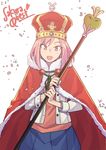  blue_skirt cape copyright_name crown hair_ornament hairclip holding holding_staff koharu_yoshino looking_at_viewer open_mouth pink_eyes pink_hair red_cape red_eyes sakura_quest scepter sen-jou short_hair skirt solo staff standing 