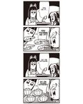  2girls 4koma :3 bkub bow bowl comic desk desk_lamp hair_bow highres interrogation lamp long_hair monochrome multiple_girls pipimi pointing poptepipic popuko school_uniform serafuku sidelocks simple_background translation_request two-tone_background two_side_up 