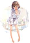  ai-chan_(tawawa) aqua_eyes artist_name bare_legs barefoot blue_bra bra braid breasts brown_hair cleavage dress_shirt full_body getsuyoubi_no_tawawa huge_breasts indoors leaning_forward nanase_meruchi no_pants pigeon-toed see-through shirt short_hair side_braid single_braid sleeves_past_wrists solo standing twitter_username underwear 