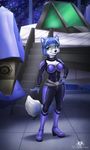  2017 anthro arwing belt black_nose blue_fur blue_hair bodysuit boots canine clothing dolphydolphiana english_text female footwear fox fur green_eyes hair hair_ornament jewelry krystal mammal necklace nintendo scarf short_hair signature skinsuit smile solo space star_fox tailband text tight_clothing video_games white_fur window 