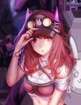  :3 alternate_costume arm_at_side armband bad_id bad_pixiv_id bangs bare_shoulders bracelet breasts brown_eyes brown_hair brown_hat choker cleavage d.va_(overwatch) eyelashes facepaint facial_mark feng_yezi frilled_choker frills goggles goggles_on_headwear hand_on_headwear hand_up hat highres jewelry long_hair looking_at_viewer medium_breasts open_mouth overwatch slit_pupils solo upper_body v-shaped_eyebrows visor_cap whisker_markings 