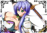  armor blue_hair breasts bursting_breasts green_eyes huge_breasts selphine_flowlight stats sword unionism_quartet 