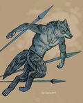  2011 abs canine clothing jumping loincloth male mammal melee_weapon polearm running solo spear susan_van_camp weapon wolf 
