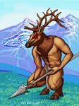  2011 abs antlers cervine clothing dragon elk hooves horn loincloth magic male mammal melee_weapon mountain nipples polearm solo spear spirit susan_van_camp weapon 