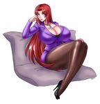  1girl breasts devil-v highres huge_breasts jewelry lips lipstick long_hair looking_at_viewer makeup nail_polish necklace purple_eyes red_hair suit 