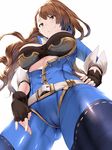  beatrix_(granblue_fantasy) bodysuit breasts brown_hair cameltoe commentary fingerless_gloves gloves granblue_fantasy hand_on_hip hews_hack highres long_hair looking_at_viewer looking_down medium_breasts raised_eyebrows simple_background smile solo white_background 