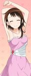  armpits arms_up breasts brown_hair cleavage collarbone cowboy_shot dress medium_breasts nisekoi onodera_kosaki pink_dress short_hair_with_long_locks sidelocks sleeveless sleeveless_dress solo standing 