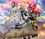  blue_sky claws commentary_request damaged day dust dutch_angle glowing glowing_eyes gundam gundam_barbatos gundam_tekketsu_no_orphans hiropon_(tasogare_no_puu) light_trail mecha no_humans outdoors photo_background science_fiction sky solo sparks tail 
