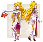  blonde_hair breasts burning_heart china_dress chinese_clothes cleavage commentary_request double_bun dragon_print dress elbow_gloves fan folding_fan full_body gloves high_heels iesupa long_hair medium_breasts multiple_views purple_eyes rwby smile standing white_dress white_gloves yang_xiao_long 