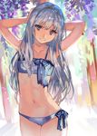  armpits arms_behind_head arms_up bangs bikini blue_bikini blue_eyes breasts cleavage collarbone commentary_request eyebrows_visible_through_hair highres long_hair looking_at_viewer midriff navel original ran'ou_(tamago_no_kimi) side-tie_bikini silver_hair small_breasts smile solo swimsuit 