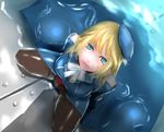  ascot atago_(kantai_collection) beret blonde_hair blue_coat blue_eyes blurry breasts clothes_spread_out commentary depth_of_field from_above hat in_water kantai_collection kneeling large_breasts lips long_hair looking_at_viewer metal_plate pantyhose solo thighband_pantyhose yamashita_tomu 