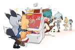  animal_ears arcade_cabinet ashtray bird_tail bird_wings black_gloves black_hair blonde_hair blush cerulean_(kemono_friends) crossed_arms elbow_gloves ezo_red_fox_(kemono_friends) fan flash_kick fox_ears fox_tail gloves green_eyes guile head_wings japari_coin kaban_(kemono_friends) kemono_friends long_hair makosu_(toilet_mania) multiple_girls necktie pantyhose serval_(kemono_friends) serval_ears serval_print serval_tail shoebill_(kemono_friends) short_hair shorts silver_fox_(kemono_friends) silver_hair sitting skirt snake_tail stool striped_hoodie striped_tail tail tearing_up thighhighs translated tsuchinoko_(kemono_friends) white_gloves wings yellow_eyes zangief 