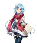  asuna_(sao) asuna_(sao-alo) blue_eyes blue_hair blue_legwear coat floating_hair flower hair_flower hair_ornament holding long_hair looking_at_viewer official_art pantyhose pointy_ears red_scarf scarf smile solo standing sword_art_online sword_art_online:_code_register transparent_background very_long_hair white_flower 
