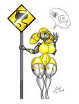  2016 android arthropod bee big_breasts breasts dialogue digital_media_(artwork) female hat haylee_hardhat holding_object huge_breasts insect machine robot safe saliant shortstack signal signature simple_background solo talking_to_viewer thick_thighs wide_hips 