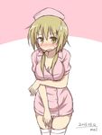  blonde_hair blush breast_lift breasts cleavage embarrassed eyebrows_visible_through_hair hat ichii_yui large_breasts long_hair looking_at_viewer mel_(melty_pot) nurse nurse_cap open_mouth solo sweatdrop yellow_eyes yuyushiki 