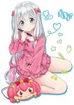  absurdres akai_neko blue_eyes bow eromanga_sensei highres hoshikuzu_witch_meruru izumi_sagiri long_hair mask mask_removed meruru_(oreimo) pajamas pink_pajamas pink_shirt pink_shorts ribbon shirt short_shorts shorts silver_hair sitting solo stylus 