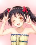  ;d \m/ bare_shoulders black_hair blush bow center_frills collarbone double_\m/ hair_bow hands_up highres looking_at_viewer love_live! love_live!_school_idol_project md5_mismatch moai715 nico_nico_nii one_eye_closed open_mouth pink_background red_eyes revision round_teeth short_hair smile solo strapless teeth twintails upper_body yazawa_nico 